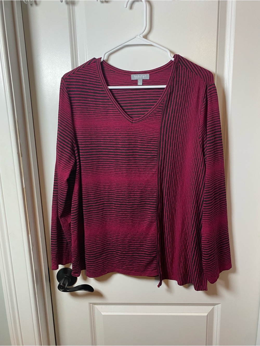 Habitat Berry and Black Striped V-Neck Long Sleeve Top Art to Wear